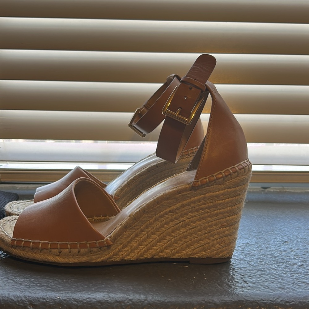 Wedge sandals, leather top, light brown/tan color; size 9 - Picture 3 of 5